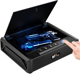 Gun Safe w/ Biometric Fingerprint Lock, Portable Handgun Storage Box for Pistols 2-Gun Capacity at Bedside, Nightstand, Home and Car, Anti-Theft