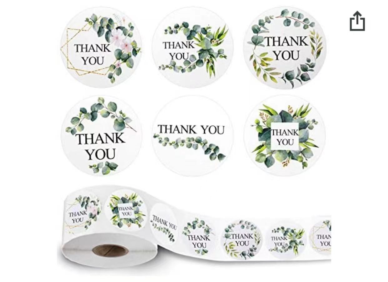 800 Pieces Greenery Frames Thank You Stickers, 1.5 Inch Boho Thank You Labels 6 Designs Adhesive Thank You Seal Circle Round Green Palm Leaves Wreath