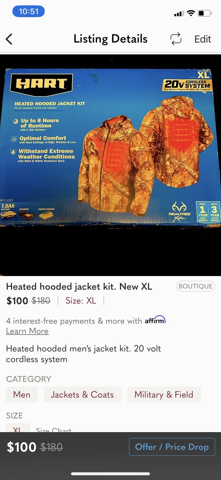 Heated Hooded Jacket Kit. New XL Men’s.