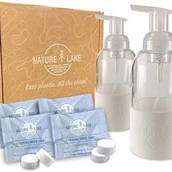 Nature Lake - Foaming Hand Soap Kit, Glass Pump Bottle (2 Bottles with Silicone Sleeves) with 4 Natural Hand Soap Tablets, Refillable Soap Dispensers 