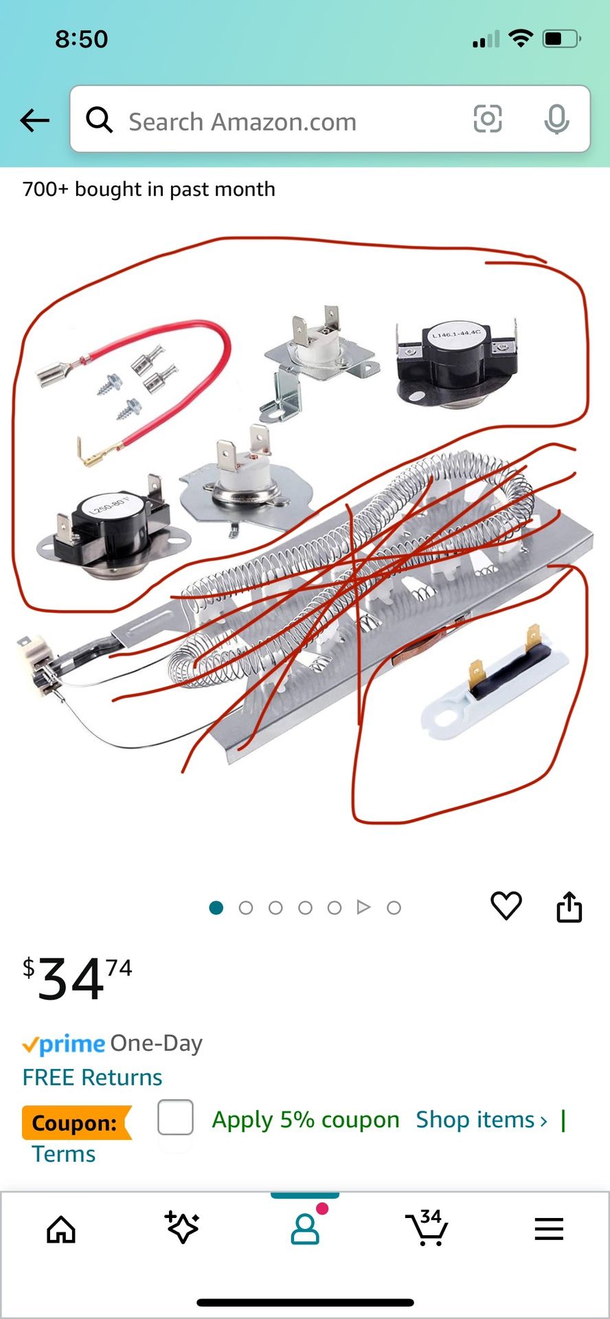 Replacement 2 Dryer Thermostat, and Thermal Cut-off Fuse