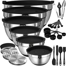 Thickened Heavy Duty 26-Piece Stainless Steel Bowl, Mixing Bowl Set with Lid, Grater Attachment, Non-Slip Bottom & Kitchen Gadget Set, Sizes 7,4,2.5,2