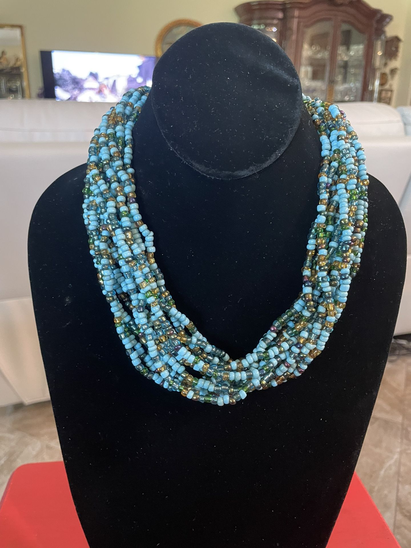 Beautiful 15 Strand Twisted Glass Turquoise Beaded Necklace