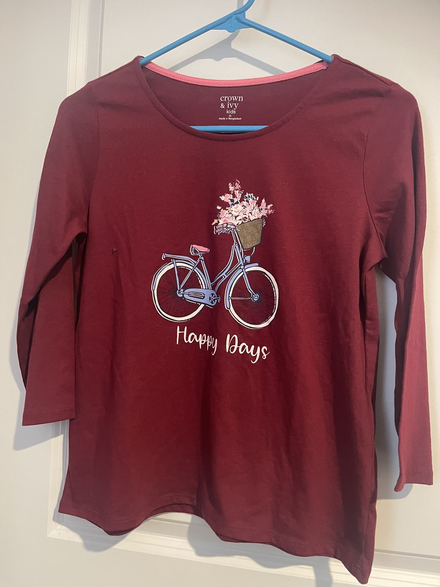 NWT Size XL Burgundy Girls Top 3/4 Length Sleeves