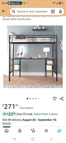 Twin-Size Loft Bed with Table & Shelves - Sturdy Metal Construction