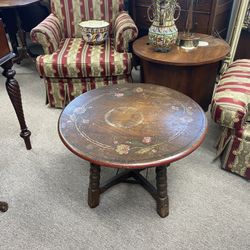 Antique Primitive Style Wooden table, Patina floral top