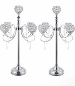 2 Pack 5 Arm Crystal Candelabra Centerpieces 33.8 Inch Tall Candle Holder Table Candelabra Stand wit