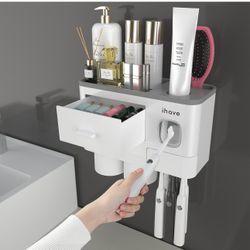 iHave Toothbrush Holders for Bathrooms, 2 Cups Toothbrush Holder Wall Mounted with Toothpaste Dispenser - 