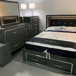 Gray 4 Piece Queen Panel Storage Bed Dresser Mirror And Nightstand Set With LED Fast Delivery | 12 Months No Interest