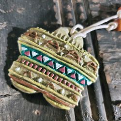 Artisan Tribal Flower Unglazed Clay Green White Multicolor OOAK Pendant Necklace