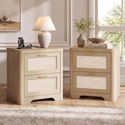 22" Nightstands Set of 2, Wood Night Stand with Charging Station Modern Bedside Table with Drawers, Large End Table Set for Bedroom Sofa Couch Office,