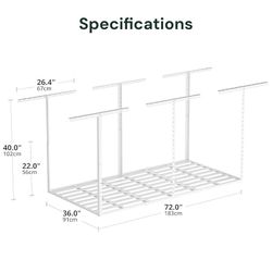 3x6 Garage Storage Overhead Rack Organization, Adjustable Ceiling Mounted Storage Racks, 800LBS Weight Capacity, 22"-40" Ceiling Dropdown, White