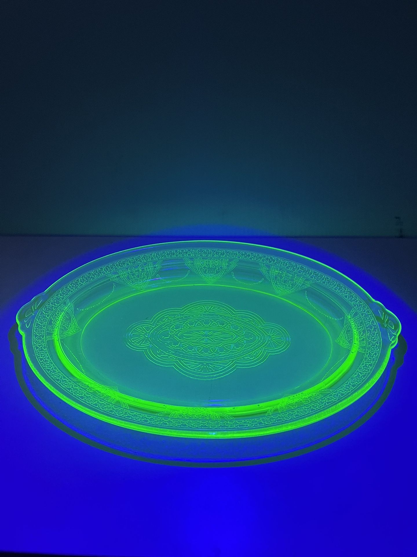 Vintage Uranium Glass Floral Design Pattern Double Handled Serving Tray