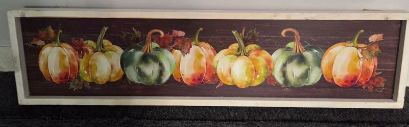 31.5x7.88 Pumpkin wall decor wooden frame, fall, painting, Thanksgiving, rustic home