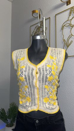Yellow and Cream Handmade Crochet Sleeveless Button Up Vest With Floral Embroidery