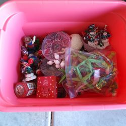 Large Tote Full Miscellaneous Christmas Decorating Items Plus Big Bag Of Green Garland Pieces 