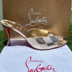 CHRISTIAN LOUBOUTIN MISS Z MULE 80 LIGHT GOLD LAMINATED LEATHER SANDALS SZ 42 NEW