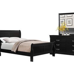 Black Queen 4 Piece Bedroom Set- Queen Bed, Nightstand, Dresser&Mirror