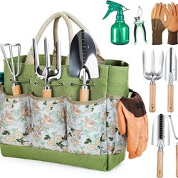 Grenebo Gardening Tools 9-Piece Heavy Duty Garden Hand Tools with Fashion and Durable Garden Tools Organizer Handbag, Rust-Proof Garden Tool Set, Idea