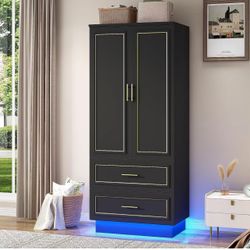 75” Tall 2 Doors Armoire Wardrobe Closet with 2 Drawers and LED Lights