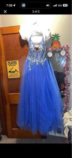 Blue Halter Prom Ball Gown with Floral Embroidery