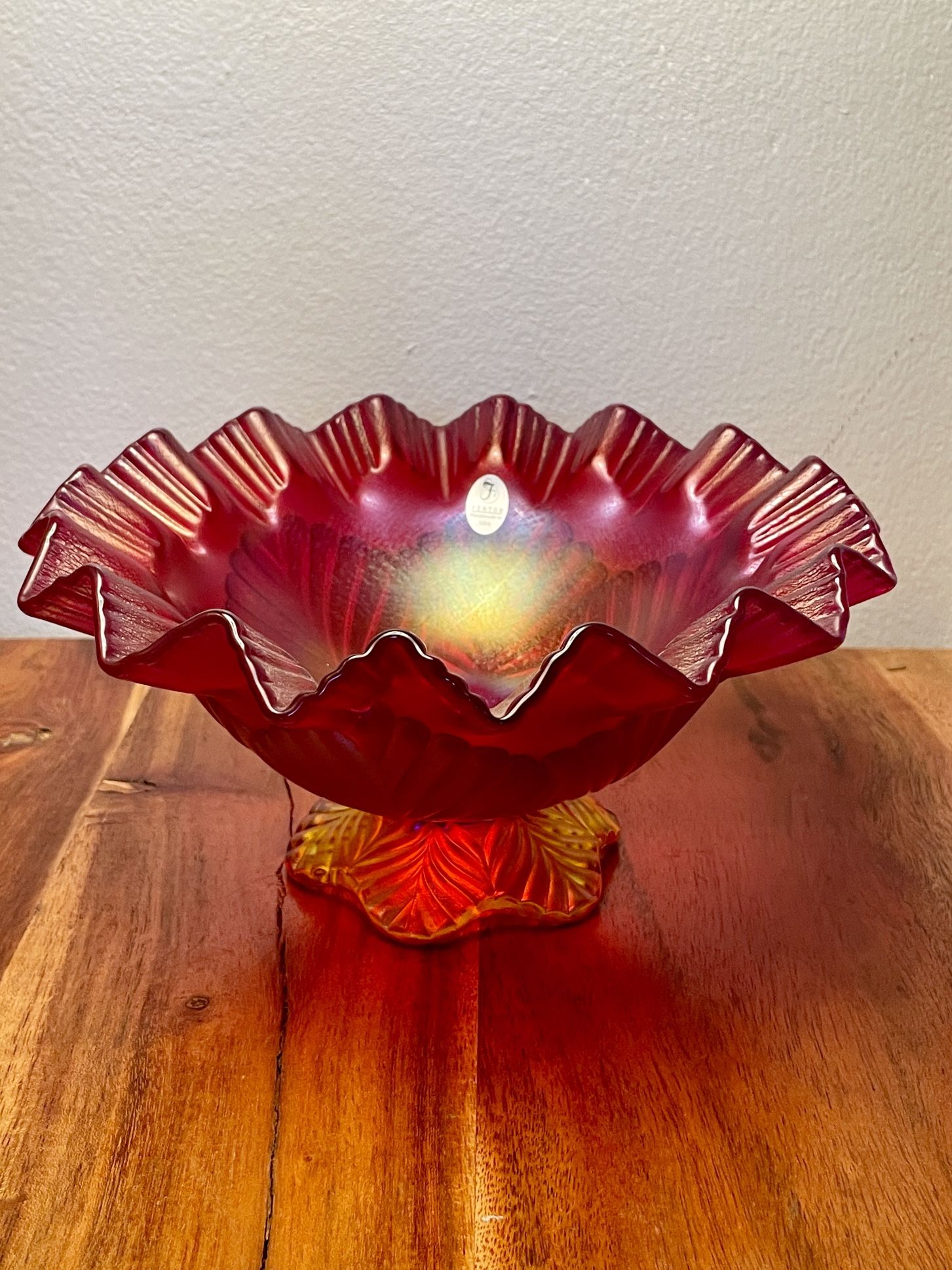 FENTON Vintage Amberina Red Iridescent Stretched Footed 4.25” High Glass Bowl