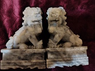 Pair of vintage  hand carved Chinese Soapstone guardian lion bookends. Aka foo dogs