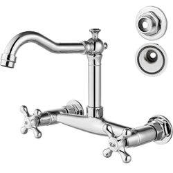 Airuida Chrome Polish Wall Mounted Kitchen Faucet,Utility Sink Faucet 8 Inch Adjustable Center,360° Rotatable Spout,Double Cross Handles,Wall Mount Fa