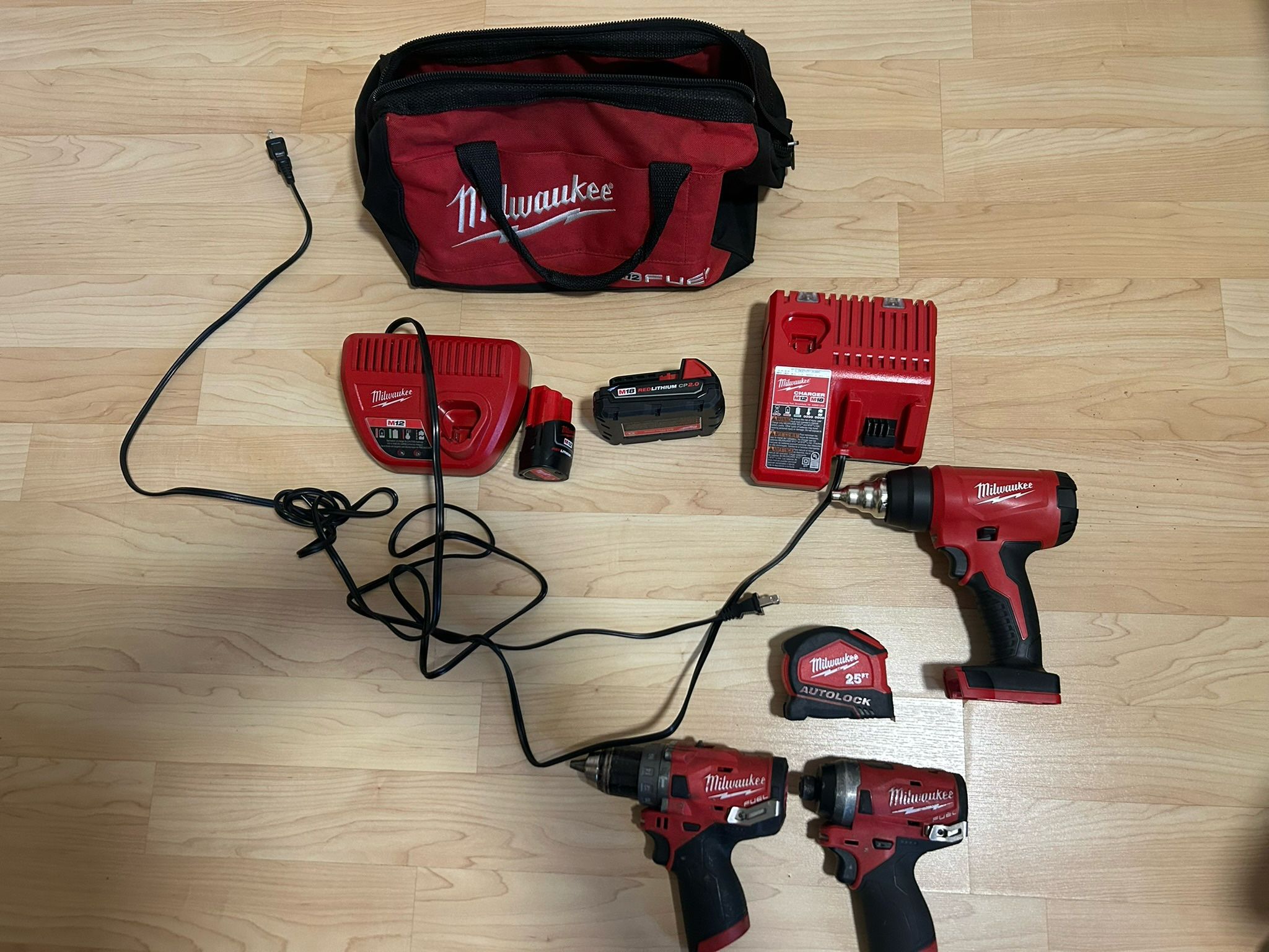 Milwaukee drill , Impact, Heat Gun , Charger Batterie M12 , M15 , Carry bag
