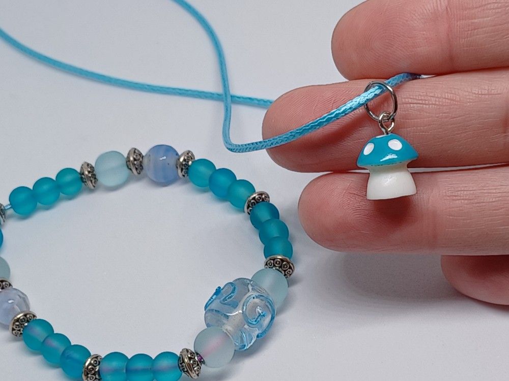 Mushroom Charm Necklace And Bracelet Jewelry Set In Blue, Free Gift Bag