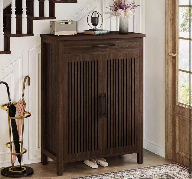 NY315 new assembled Shoe Cabinet, 5-Tier Shoe Storage Cabinet with Louvered Doors and Drawer, Freestanding Wooden Shoe Rack Organizer with Adjustable