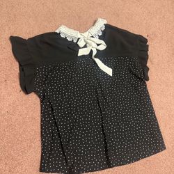 Xl black polka dot lace collar bow tie retro 80s top blouse shirt