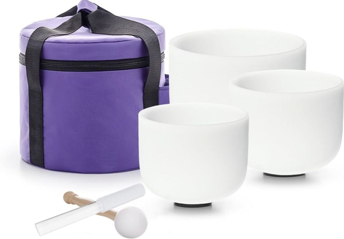 Frosted Quartz Crystal Singing Bowl Set For Sound Inducing Comfort With Carry Case, Mallets, O-ring Included