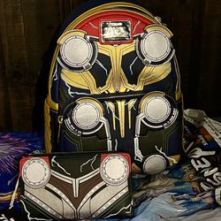 Disney Loungefly Marvel Thor Love And Thunder Backpack And Wallet Set 