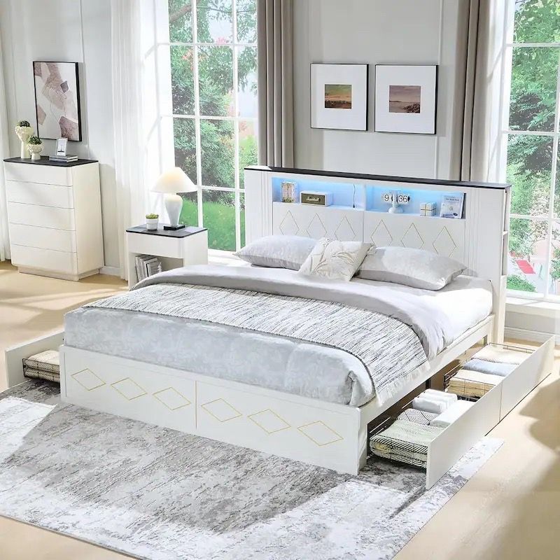 Modern King Size Bed Frame with 47" Tall Storage Headboard, 4 Drawers, Charging Station, Led Light, Wood Platform Bed with Solid Wood Slats
