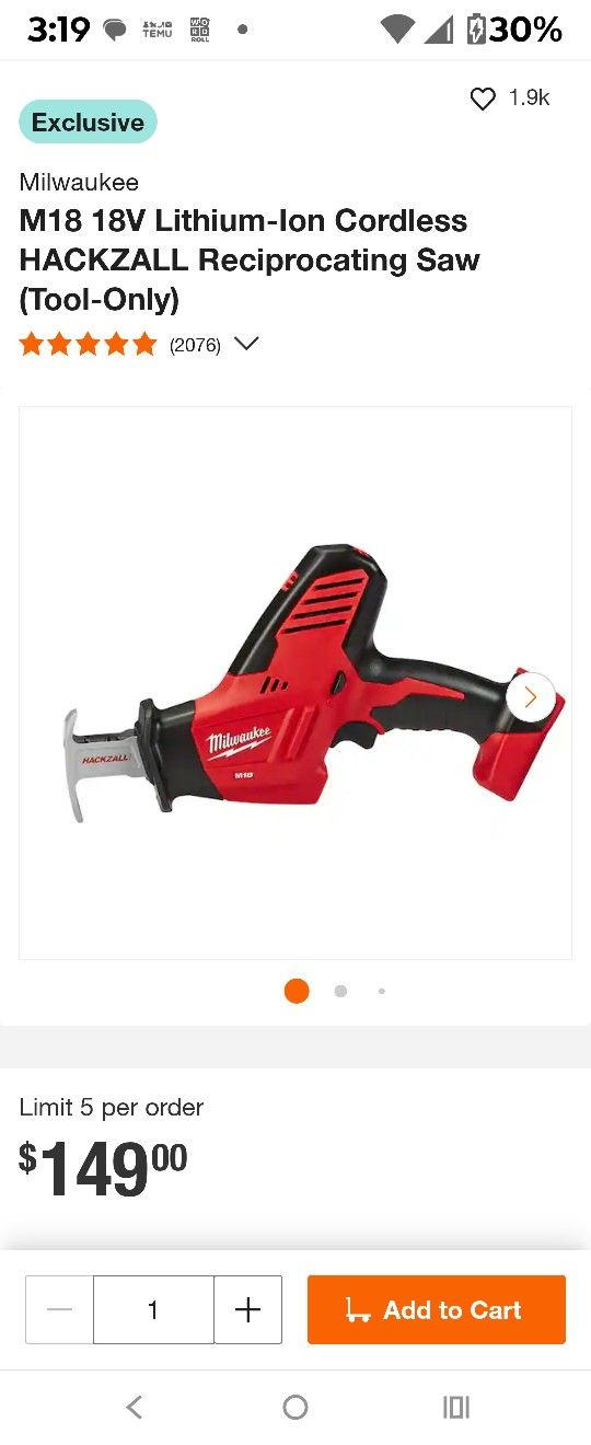 Milwaukee M18 Hackzall (Tool Only)