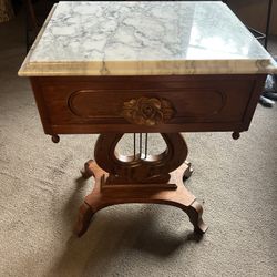 Antique Mahogany Marble Top Harp Side Table