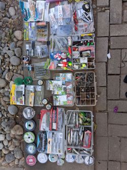 Large Fishing Tackle Lot with Lures, Line & Hooks