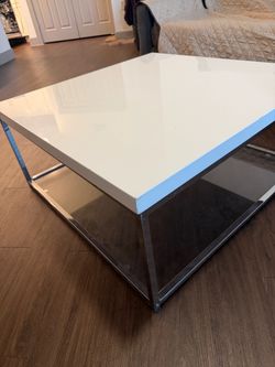 Modern White Coffee Table with Glass Shelf