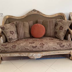 Sofa Set Brown And Cream With Floral Cushions And Marble Stone 3 Pieces + 3 Pieces Tables