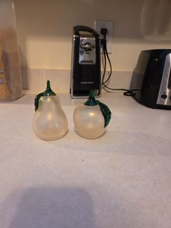 Frosted glass pear and apple with green stem and leaf