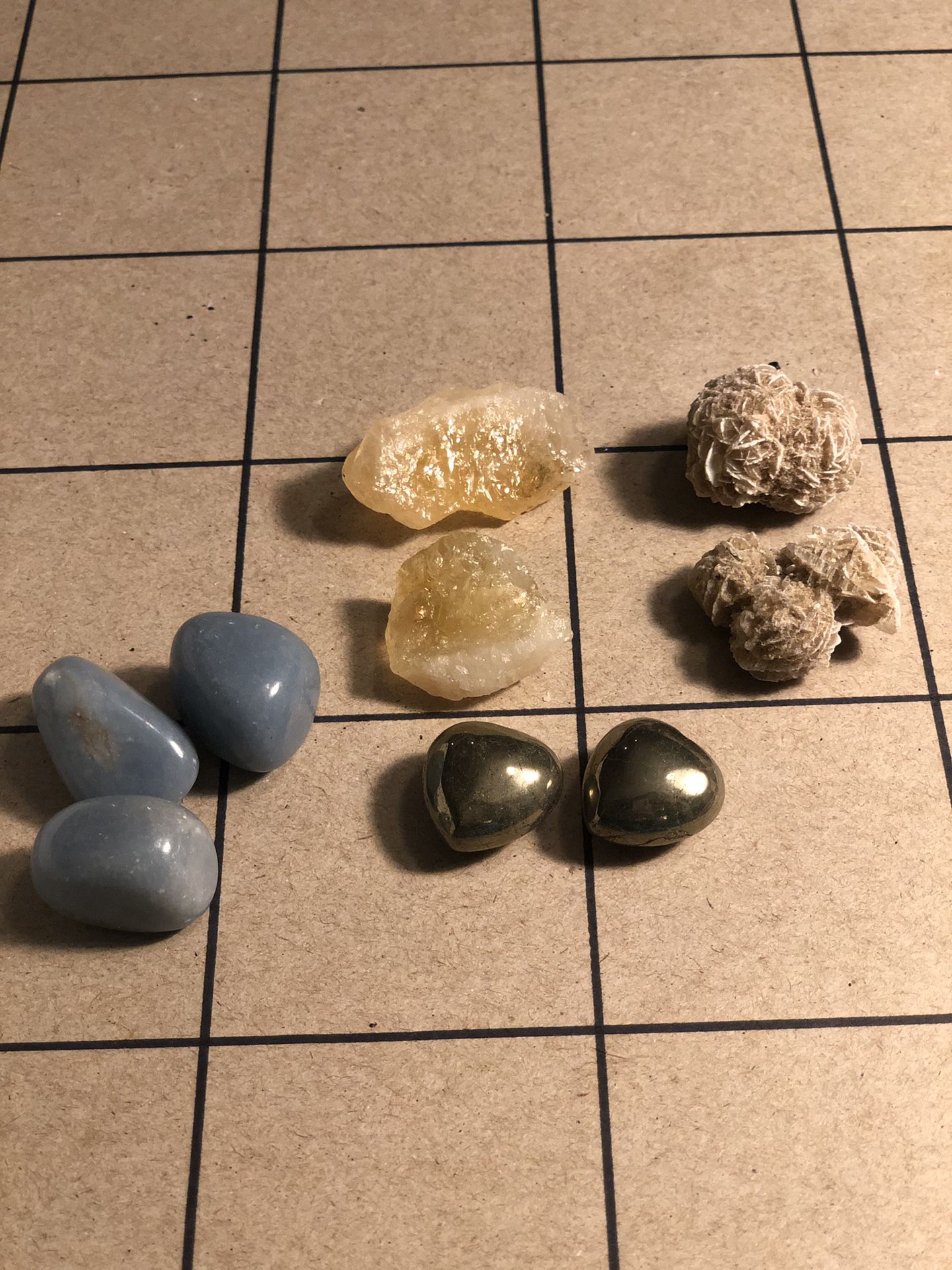 Set of Crystals Angelite, Citrine, Pyrate Hearts, Desert Rose