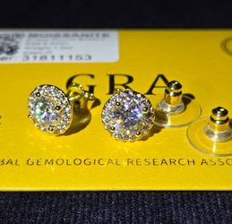 Round 2 Carat Moissanite Stud Earrings in 14k Gold Plated (Passes Diamond Tester)