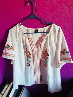White V Neck with Red and White orange Floral on the Sides $10
