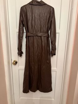 Brown Leather like Long Trench Coat with Belt