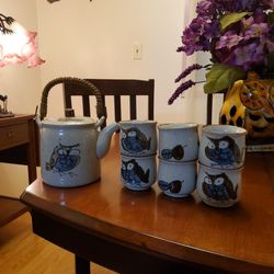 Tea Set (7 Piece) - CERAMIC -  6 Cups + Pot - Cute Owls