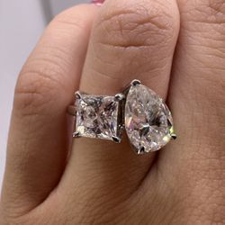 3.2 CTW Pear And Princess Cut Moissanite Diamond Toi Et Moi Two Stone Engagement Ring 