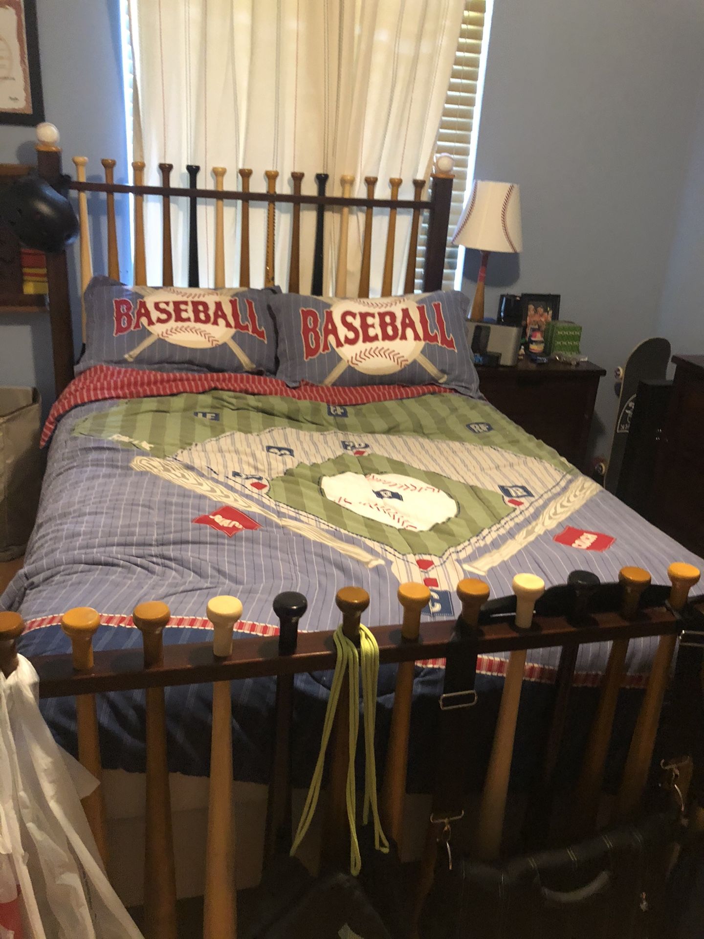 Full size bed frame baseball bats all wood tones