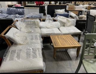 Assembled New 6 Pcs Acacia Wood Patio Furniture Outdoor L-Shaped Sectional Sofa Set w/ Coffee Table