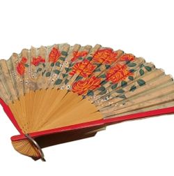 Japanese Vintage Bamboo Fan, Washi. Roses, Cherry Blossoms, Silver Trim.